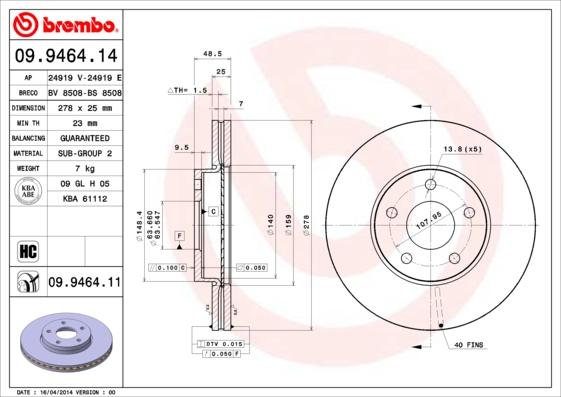 Brembo 09.9464.11 - FREN DISKI ON   278mm UV Coated  FORD   FOCUS C.MAX 04- VOLVO S40  parcadolu.com