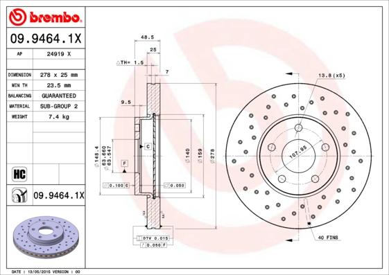 Brembo 09.9464.1X - FREN DISKI ON   278mm XTRA LINE - Xtra  FORD   FOCUS C.MAX 04- VOLVO S40  parcadolu.com