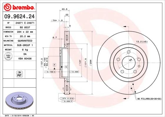Brembo 09.9624.24 - FREN DISKI ON 284.5 mm KAPLAMALI  FIAT  DOBLO 1.4 1.3JTD 1.6JTD 10- - ALFA ROMEO  156 2.0 2.4 parcadolu.com