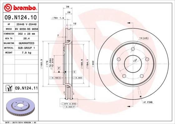 Brembo 09.N124.11 - FREN DISKI ON 302 MM  UV Coated FIAT FREEMONT 2.0  2011- parcadolu.com