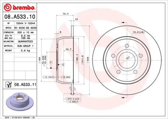 Brembo 08.A533.11 - FREN DISKI ARKA DUZ 305 MM UV Coated  JEEP   CHEROKEE  parcadolu.com