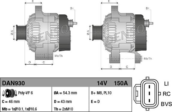 Denso DAN930 - ALTERNATOR 12V 150A FIESTA V 04>08 FUSION 04>12 1.6TDCI 90PS FOCUS II 04>11 C MAX 03>11 1.6TDCI KUGA 2.0TDCI 10>12 VOLVO C30 06> parcadolu.com