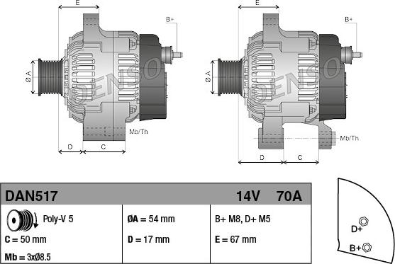 Denso DAN517 - ALTERNATOR 12V 70A KA PUNTO ALBEA DOBLO 1.2 1.4 parcadolu.com