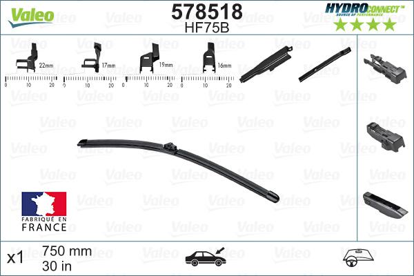 Valeo 578518 - SILECEK SUPURGESI ON MUZ TIP 750mm HF75B HYDROCONNECT COKLU BAGLANTI - X1 parcadolu.com