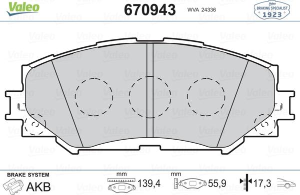 Valeo 670943 - FREN BALATASI ON TOYOTA COROLLA 07-12 AURIS 07-12 URBAN CRUISER 09-> - TREZIA 10-> RAV4 06-> parcadolu.com